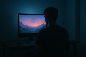 A person sitting alone at a desk bathed in soft blue monitor light, their reflection faintly visible in the screen showing a colorful virtual landscape