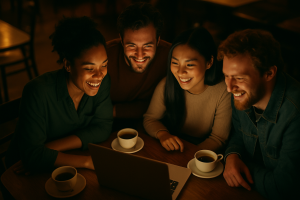 A warm overhead view of a small group of diverse people gathered around a glowing laptop screen in a dim cafe, faces lit with genuine interest and laughter