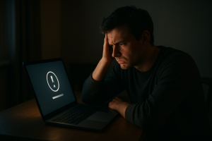 a person sitting at a desk staring at a laptop screen showing an error or access-denied message, dimly lit room, frustrated expression