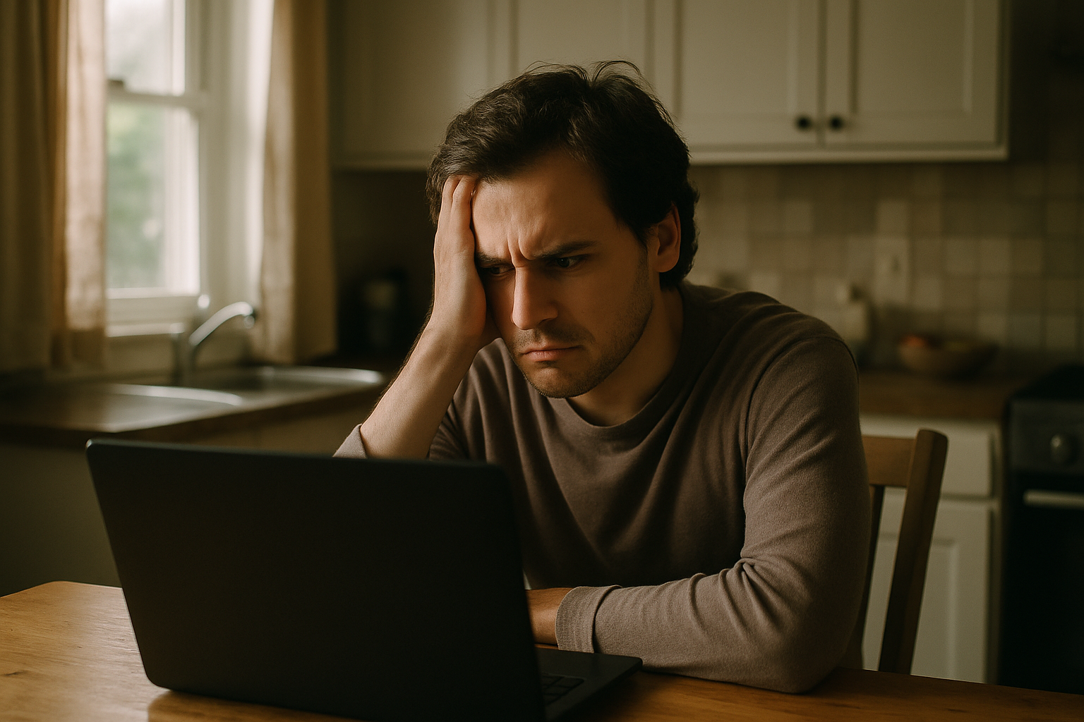 A person sitting at a kitchen table staring at a laptop screen with a visible expression of frustration, natural home lighting