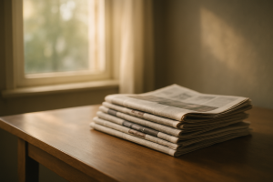 a stack of printed local newspapers on a wooden table near a window with morning light