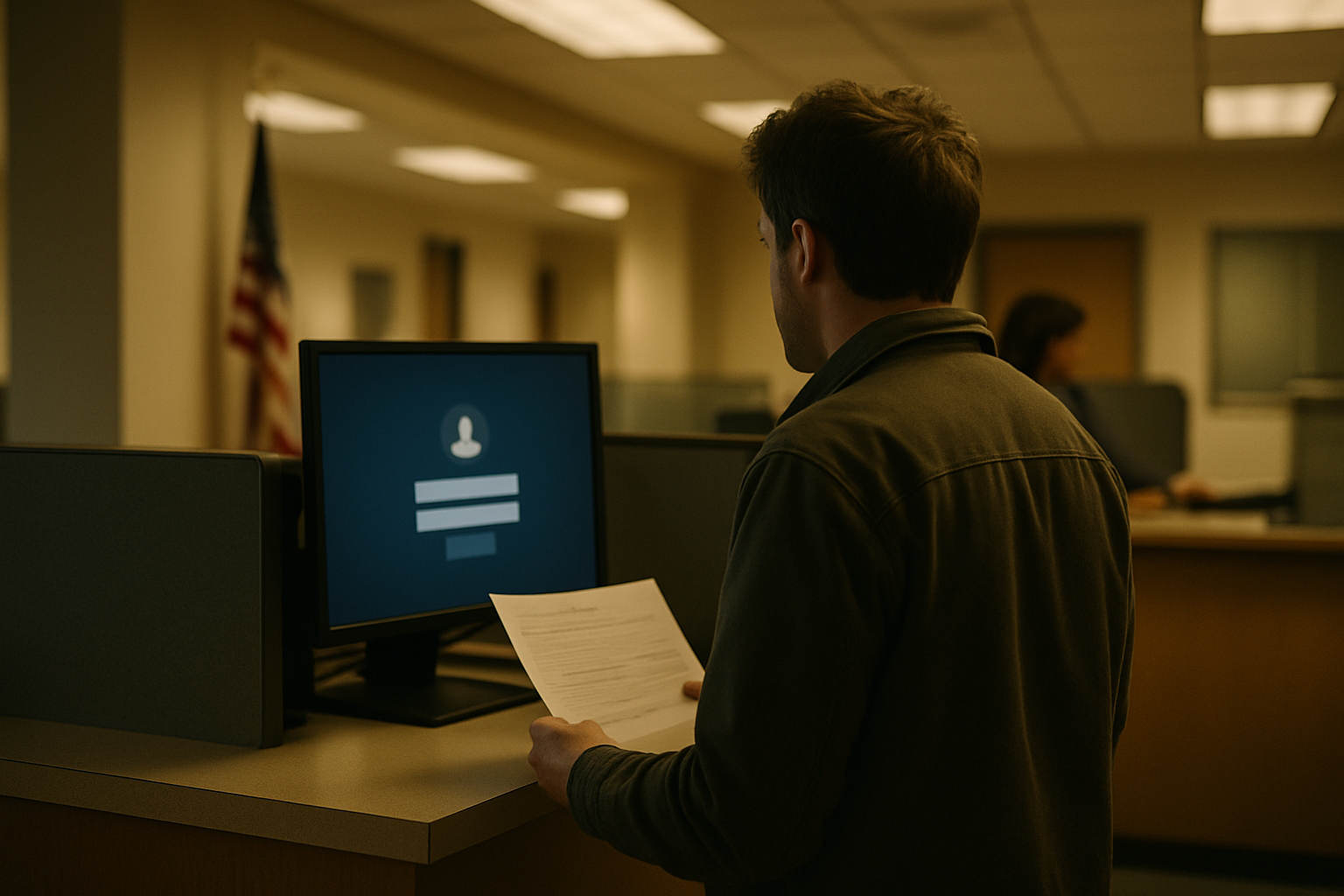 A person standing at a government service counter holding a paper form while looking at a screen showing a login prompt, soft office lighting, no faces clearly visible