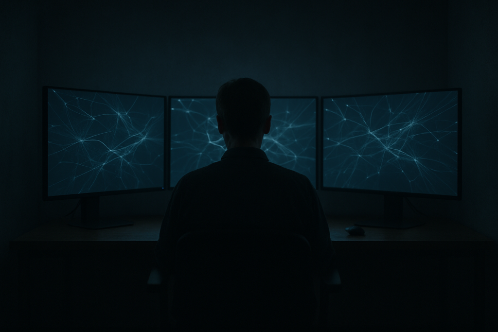 a single person sitting alone at a desk staring at multiple computer monitors displaying abstract flowing network diagrams in a dark room