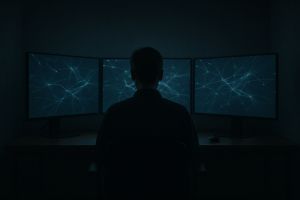a single person sitting alone at a desk staring at multiple computer monitors displaying abstract flowing network diagrams in a dark room