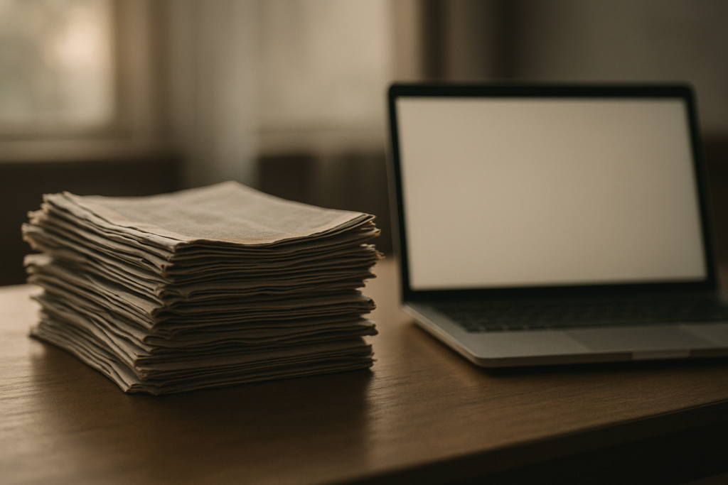 a stack of printed newspapers on a wooden desk next to a laptop with a blank screen