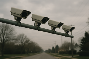 a row of license plate reader cameras mounted on a metal pole along a suburban street, overcast sky in the background