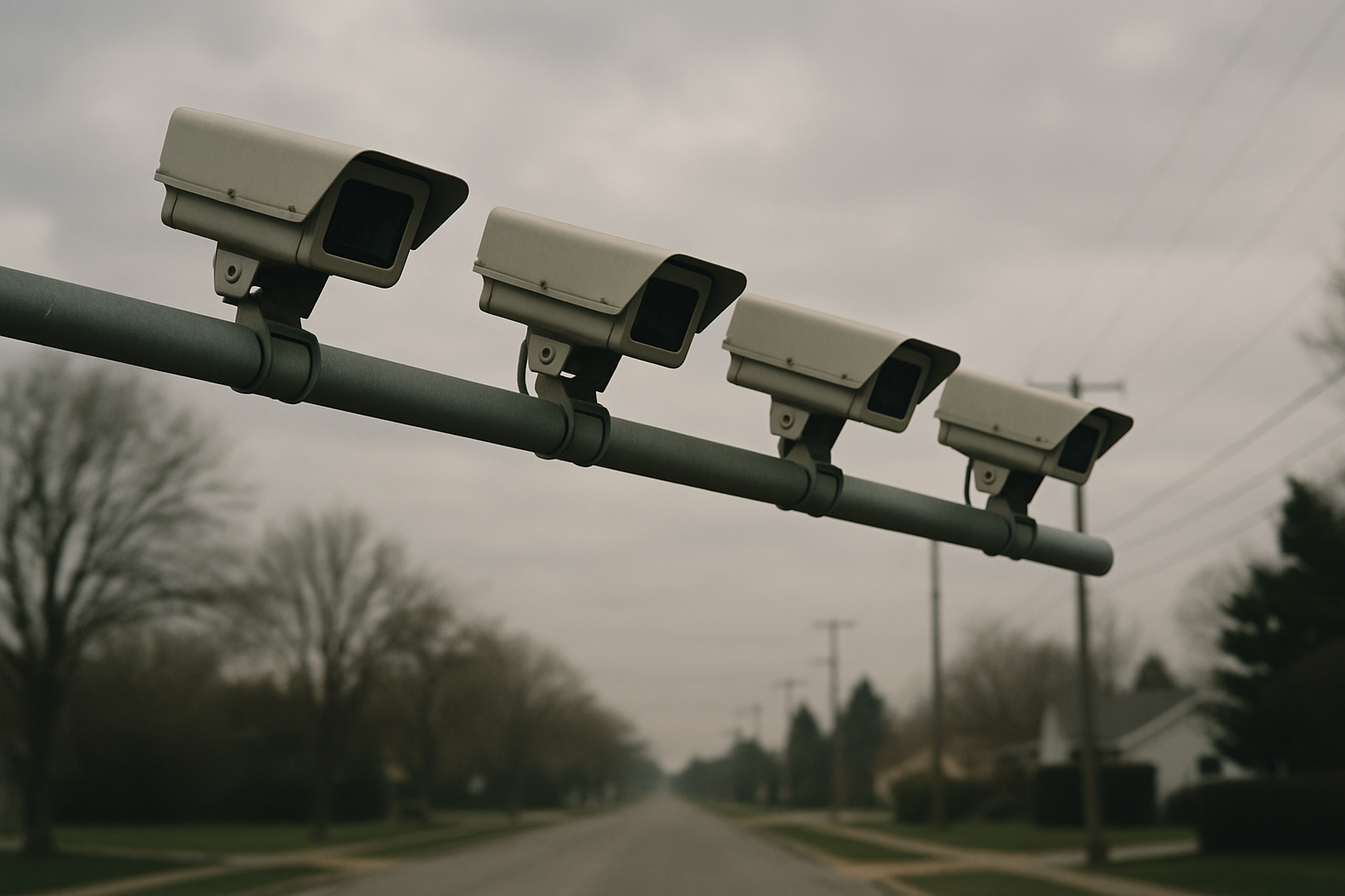 a row of license plate reader cameras mounted on a metal pole along a suburban street, overcast sky in the background