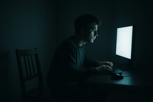 a person sitting alone at a glowing computer screen in a dark room, reflected light on their face, empty chair beside them