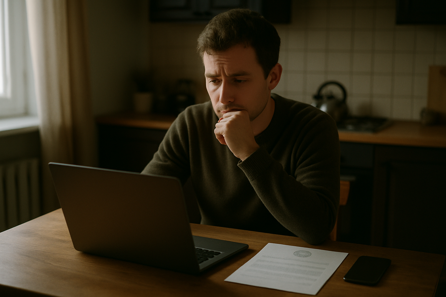 A person sitting at a kitchen table with a laptop open, looking hesitant, a government letter and a smartphone beside them