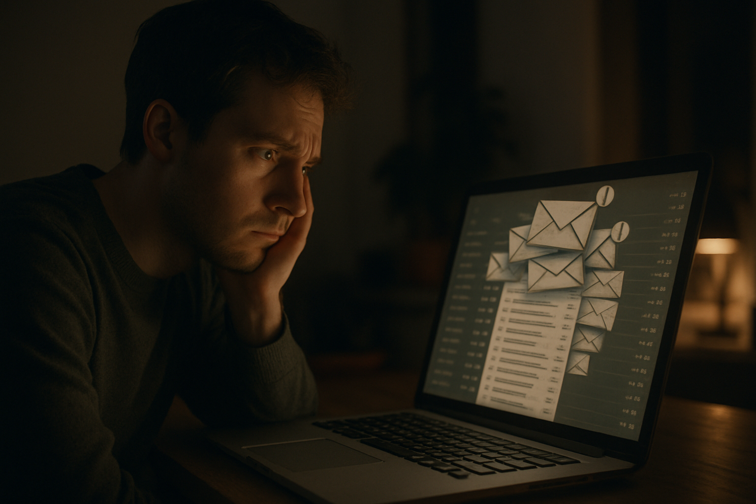 a person staring at a laptop screen showing an overflowing email inbox, expression of concern, dim home office lighting