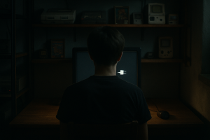 A person sitting alone at a desk in a dim room, staring at a dark monitor showing a disconnected screen, with old gaming memorabilia visible on shelves behind them
