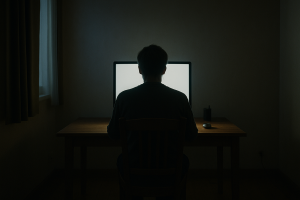 a person sitting alone at a desk staring at a blank computer screen in a dimly lit room