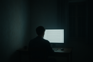 A person sitting alone at a desk in a dimly lit room, staring at a glowing computer screen displaying a wall of text