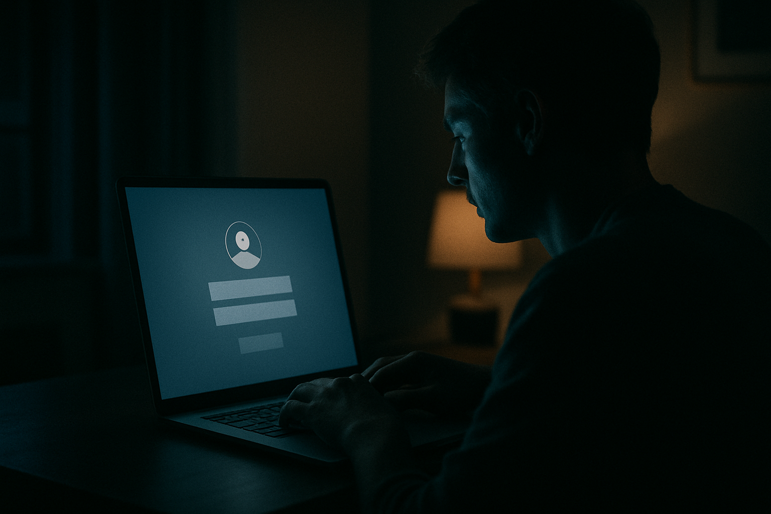 A person sitting at a desk looking at a login screen on a laptop in a dimly lit room, face partially visible in the screen glow