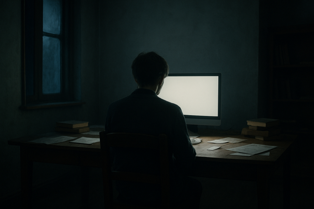 A person sitting alone at a desk in a dimly lit room, staring at a blank computer screen, with papers and books scattered around them