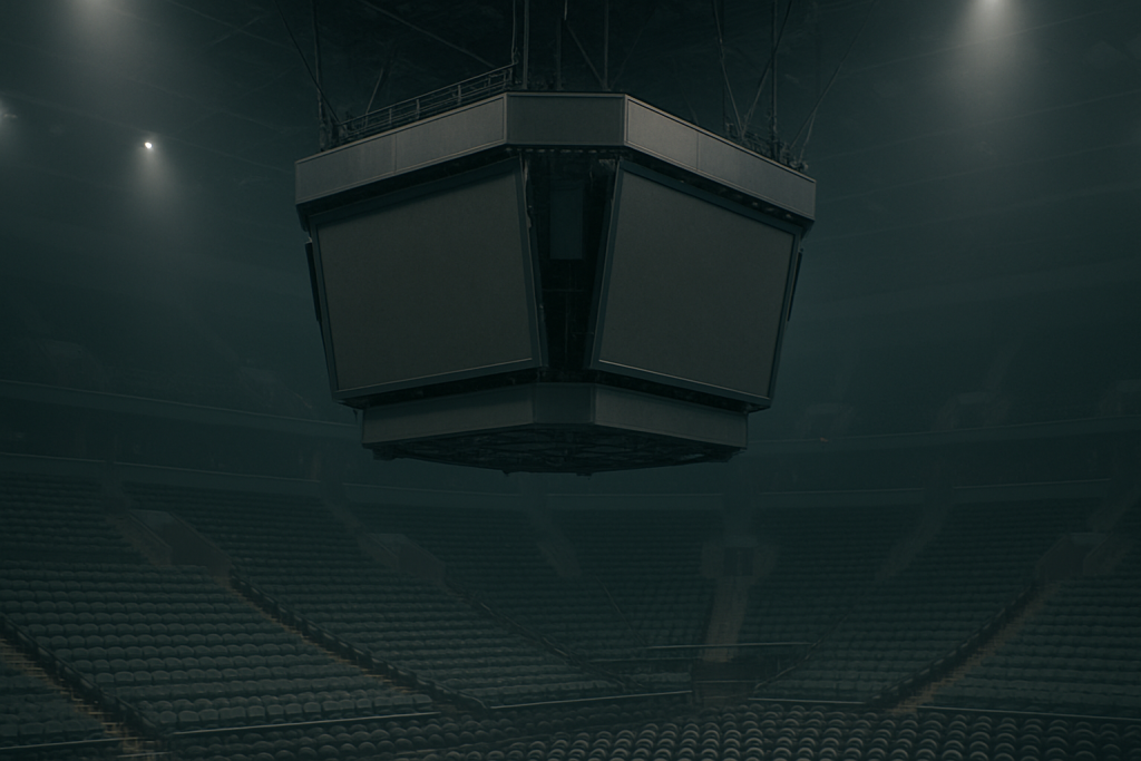 A large indoor arena scoreboard viewed from the stands, empty seats visible below