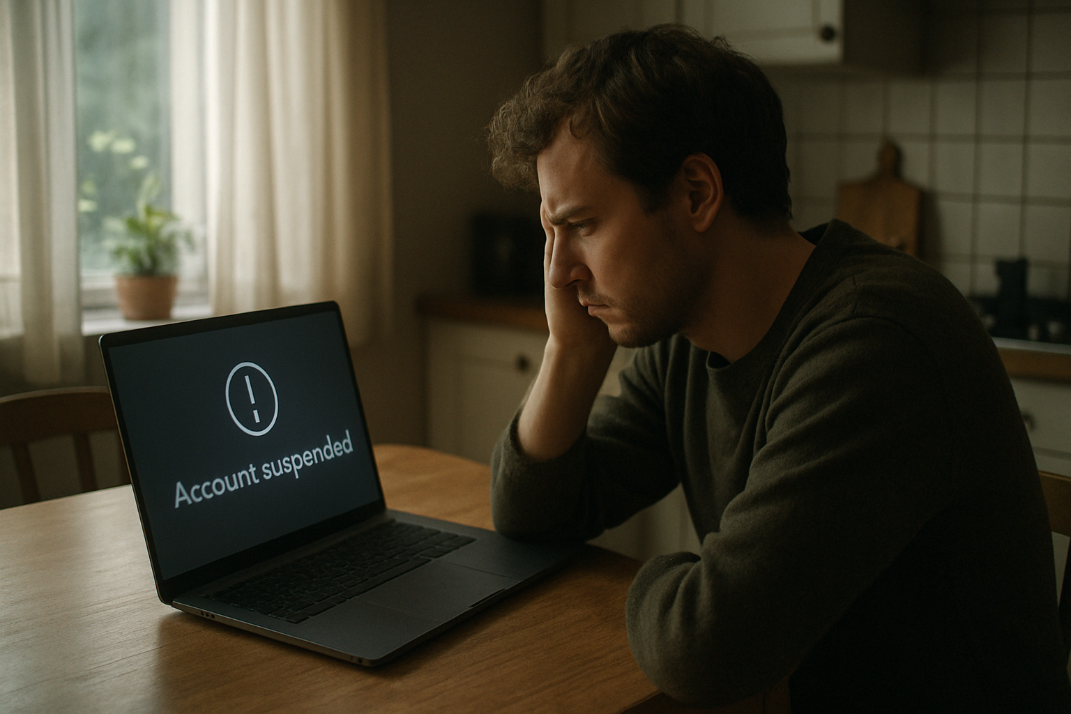 A person sitting at a kitchen table staring at a laptop screen showing an account suspension notice, looking frustrated and uncertain