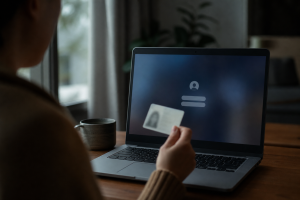 A person holding a physical ID card in front of a laptop screen showing a login prompt, photographed from the side to obscure personal details on the card