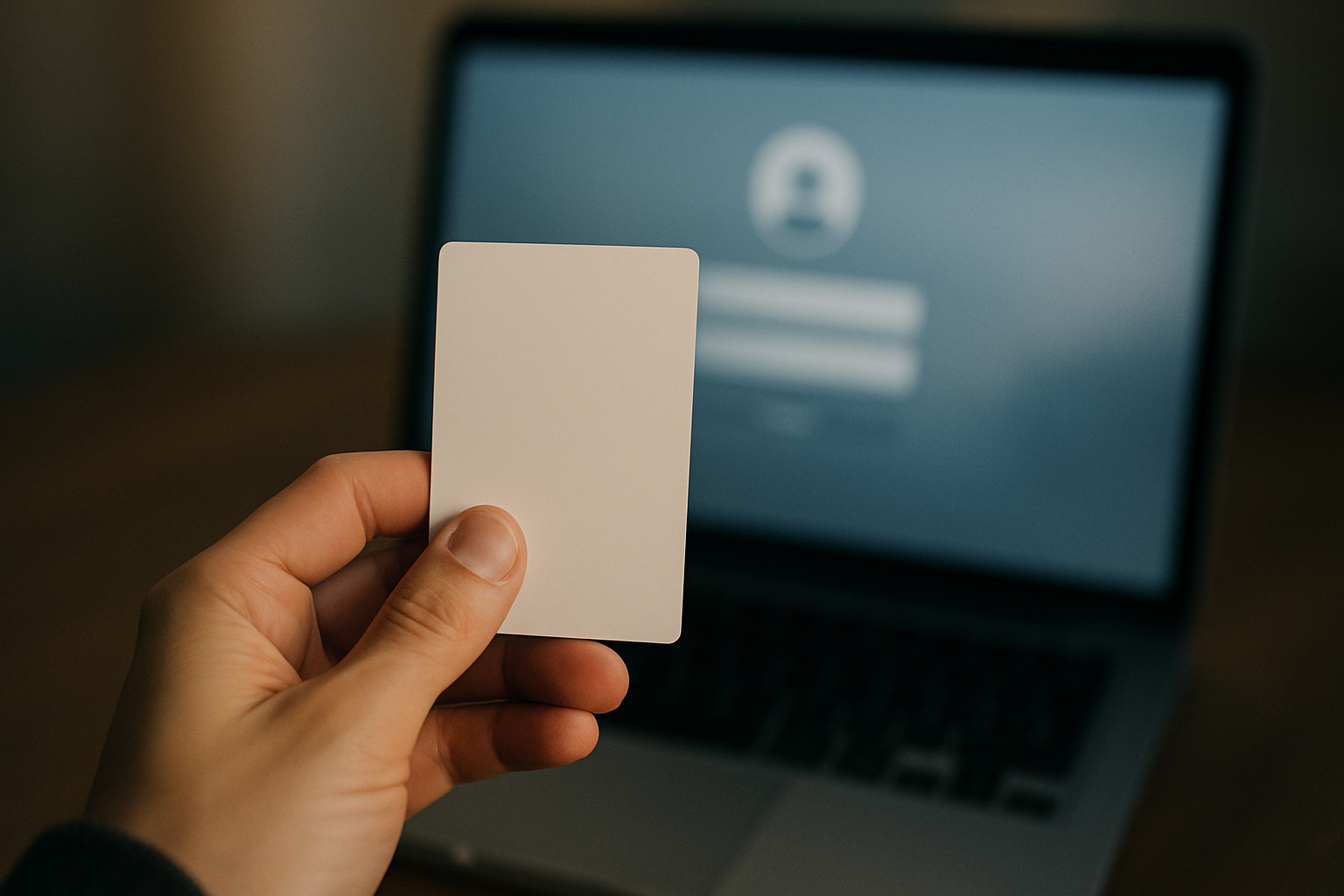 A person holding a plain plastic card in front of a blurred computer screen showing a login page, photographed from slightly above