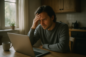 Person at a kitchen table looking concerned at a laptop showing a locked account screen