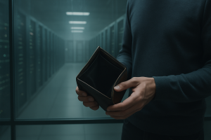 A person holding a plain wallet open to show it is empty, standing in front of a large server room through a glass wall