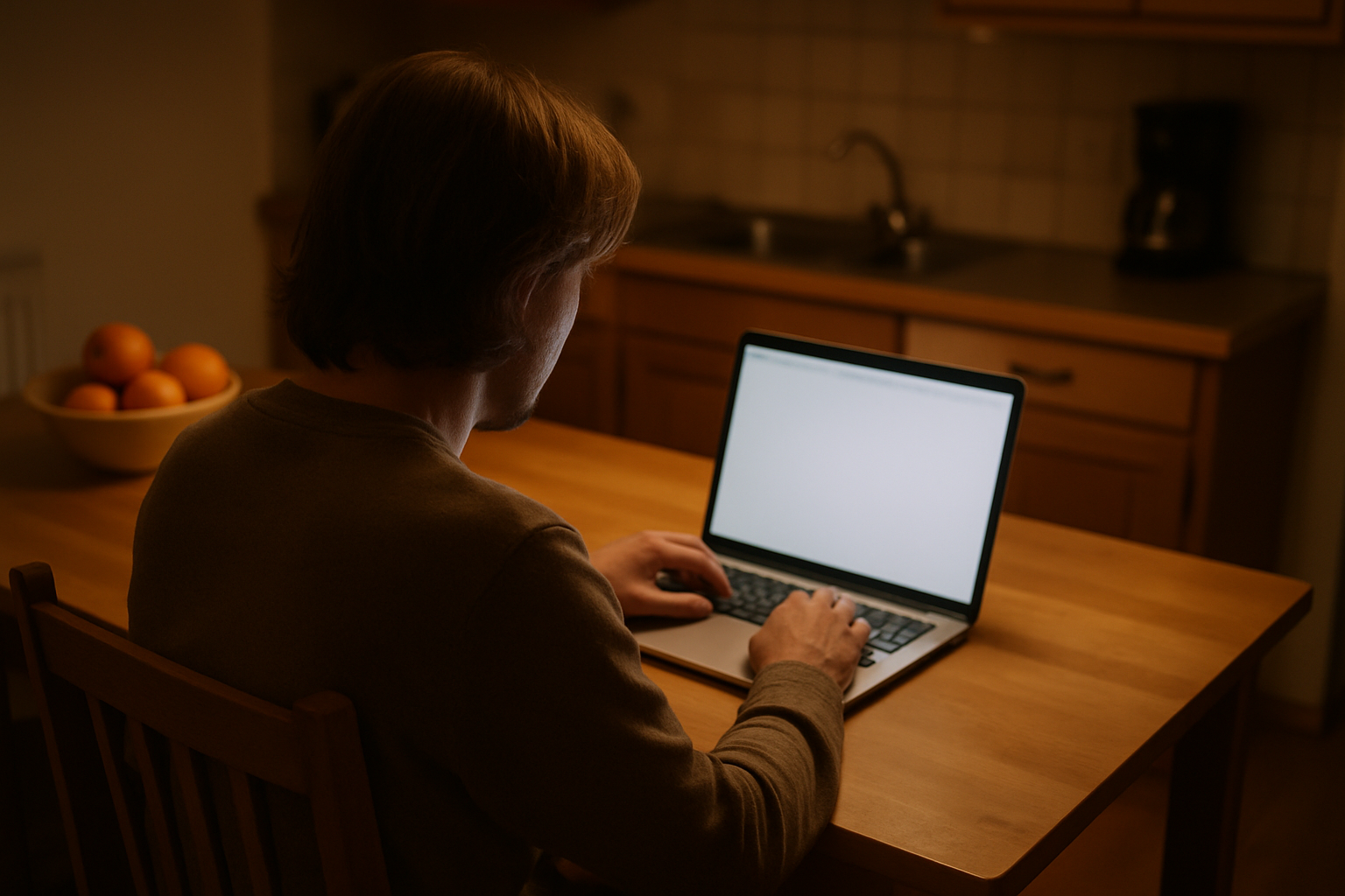 A person sitting at a kitchen table looking at a laptop screen, seen from slightly above, warm indoor lighting, everyday home setting